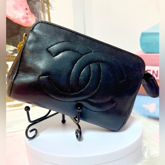 CHANEL Mini Pouch Accessory Case Lamb Skin Leather Black Authentic - Picture 1 of 16